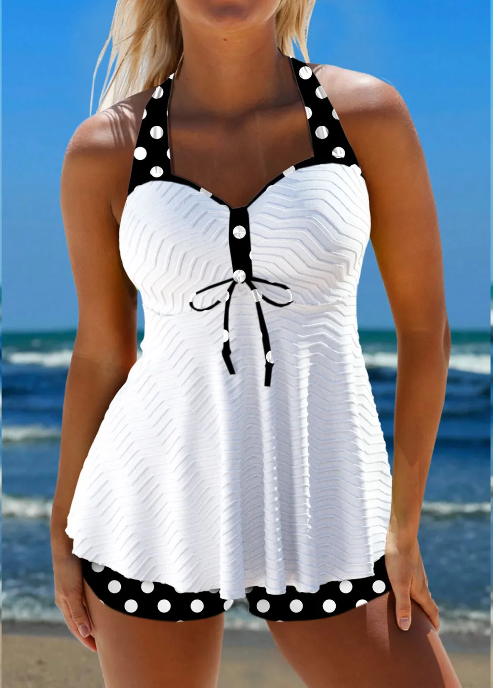 Jacquard White Polka Dot Tankini Set