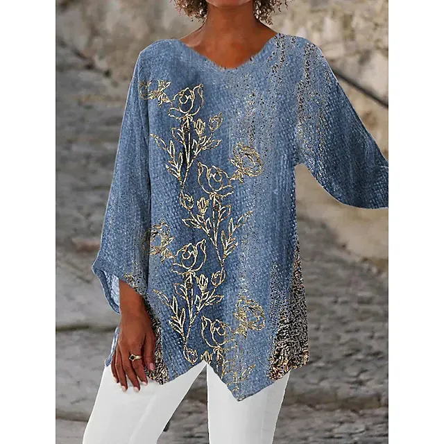 Women's Shirt Blouse Tunic White Red Blue Graphic Floral Asymmetric Print Long Sleeve