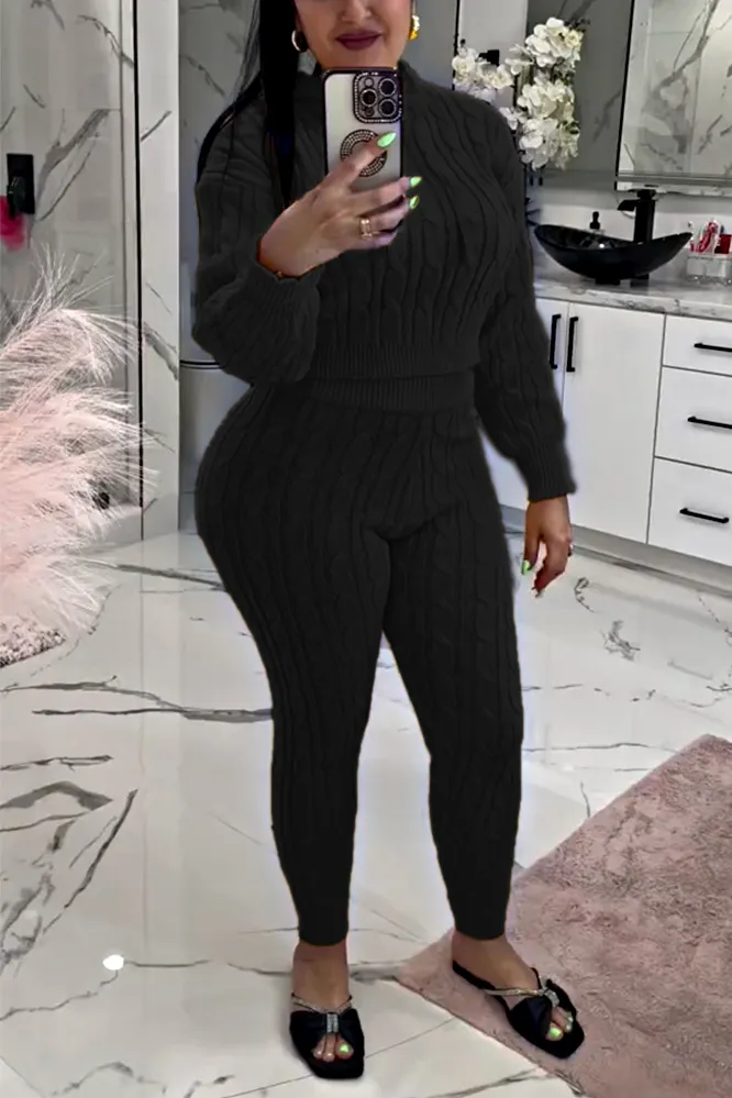 Women's Solid Knitted Texture Top and Pants Two Piece Set
