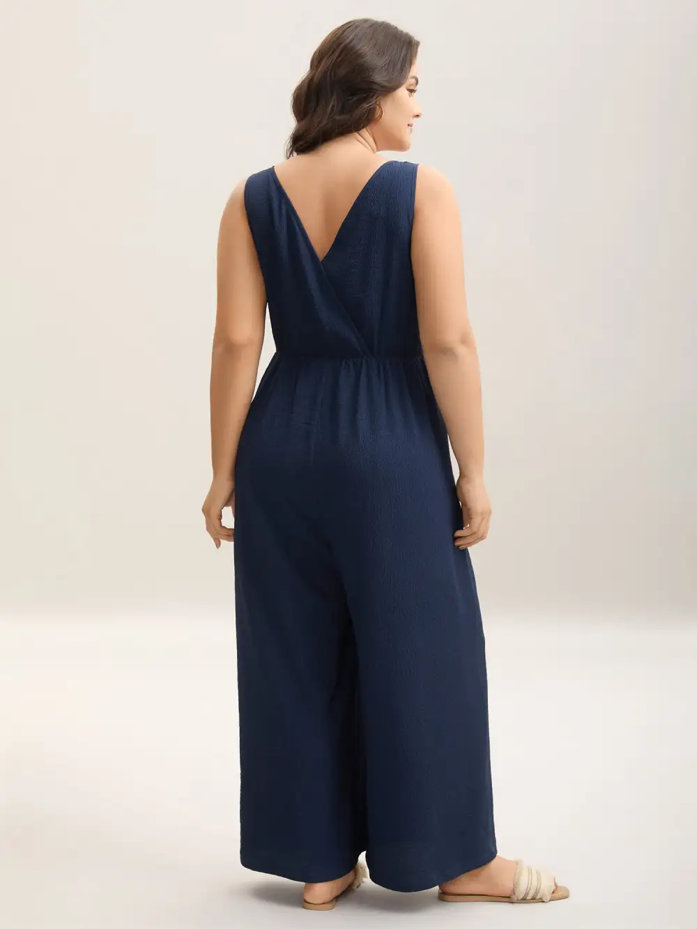 Shirred Pockets Wide-Leg Plain Jumpsuit