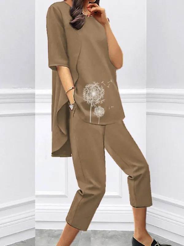 Loose Short Sleeve Casual Printed Seven-Piece Two-Piece Suit