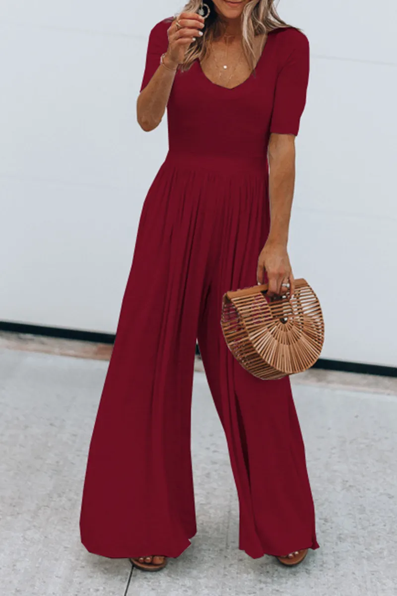 Casual Solid Patchwork Basic U Neck Jumpsuits(4 colors)