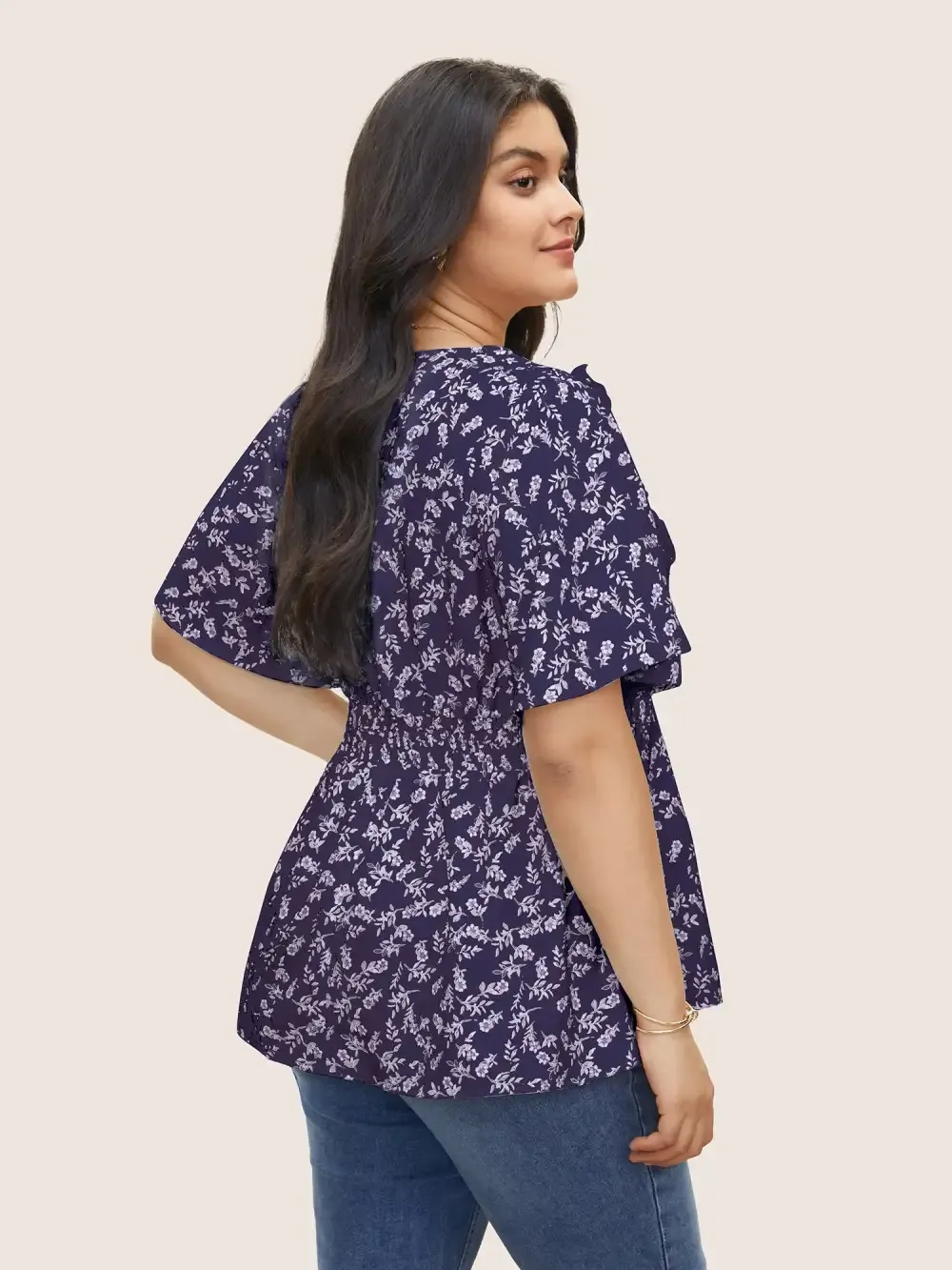 Floral Pleated Elastic Waist Ruffle Sleeve Blouse