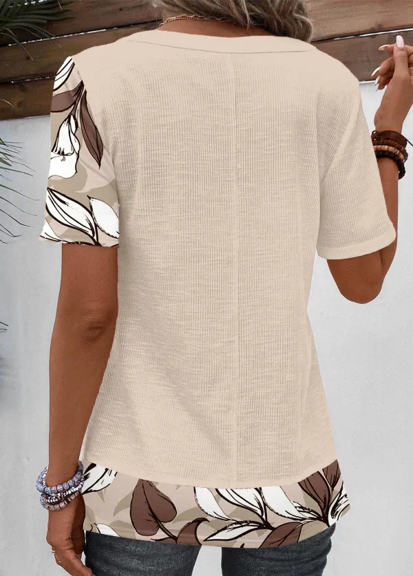 Patchwork Floral Print V Neck T Shirt