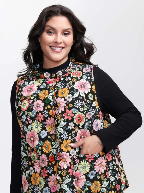 Floral Quilted Cotton Ruffled Neck Vest