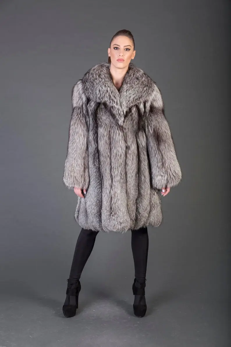 Silver Fox Fur Knee-Length Jacket