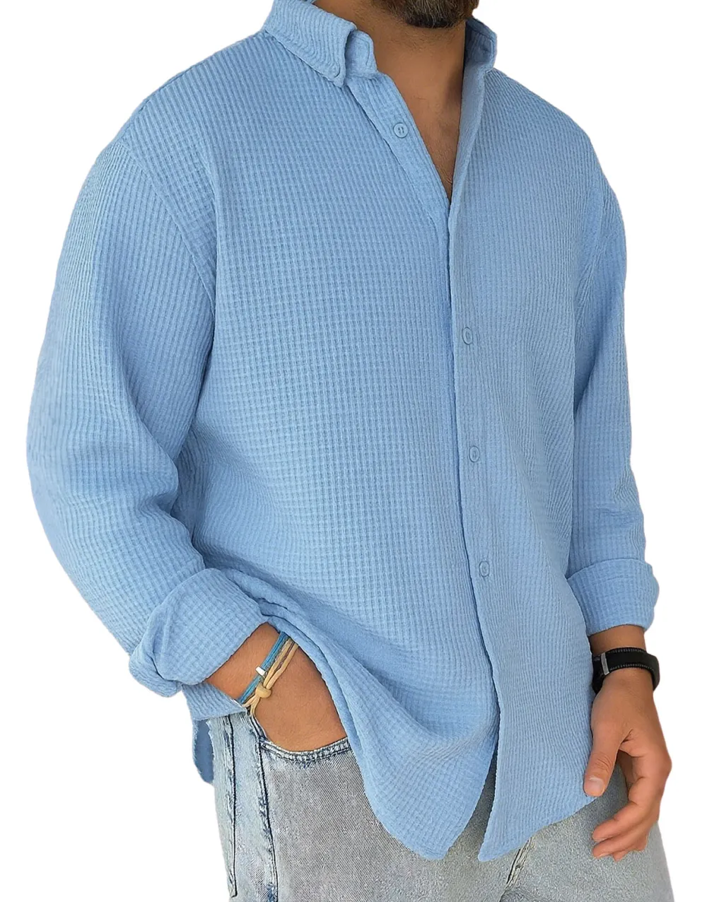 Men's Stylish Casual Everyday Waffle Long-sleeved Lapel Shirt 