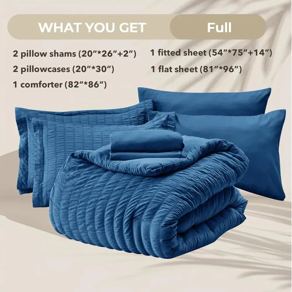Queen Comforter Set Seersucker 7 Pieces, All Season Luxury Bed in a Bag for Bedroom, Bedding Set with Comforters, Sheets, Pillowcases & Shams, Dark Grey