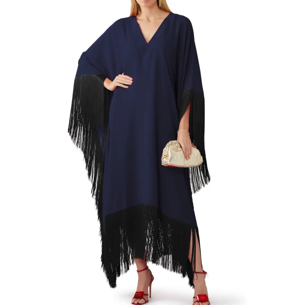 Fringed Formal  MIDI Coco Bella Silk Blend kaftan Maxi- Navy