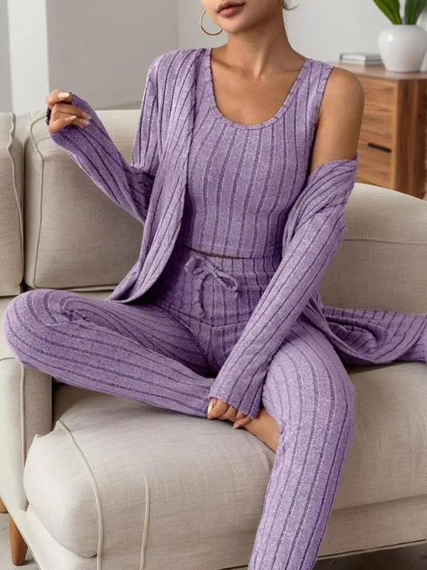 Women’s Ribbed Loungewear Set – 3-Piece Casual Sleepwear