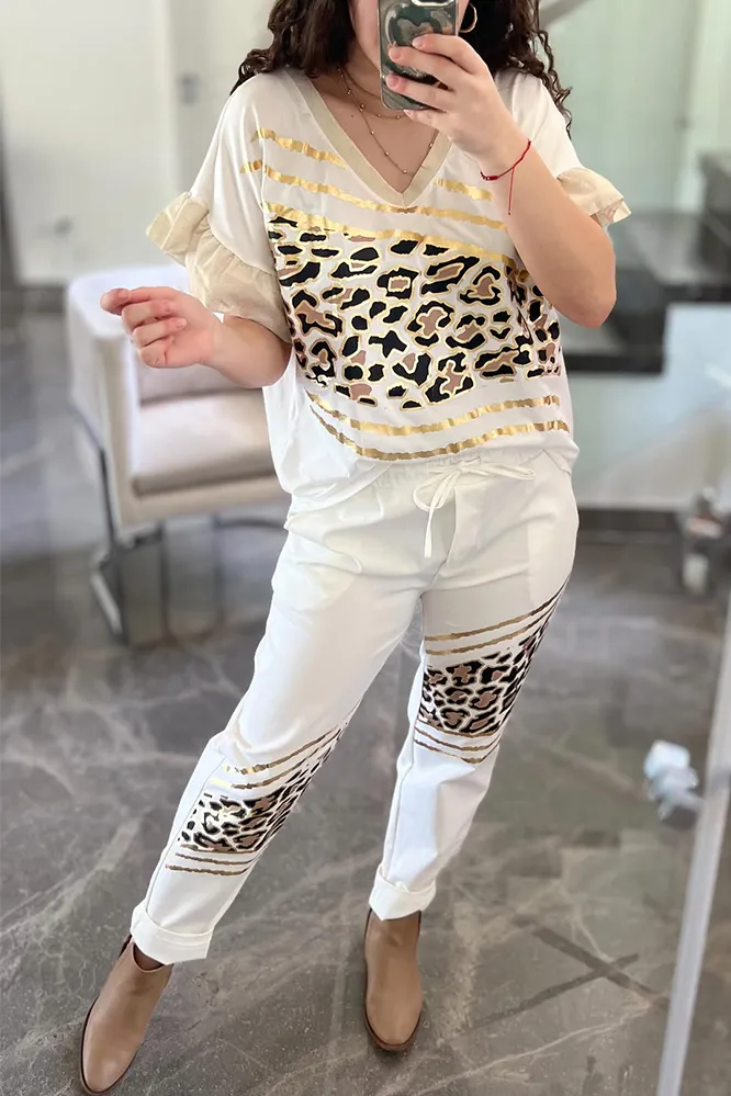 Women's leopard print V-neck top and leopard print two-piece suit
