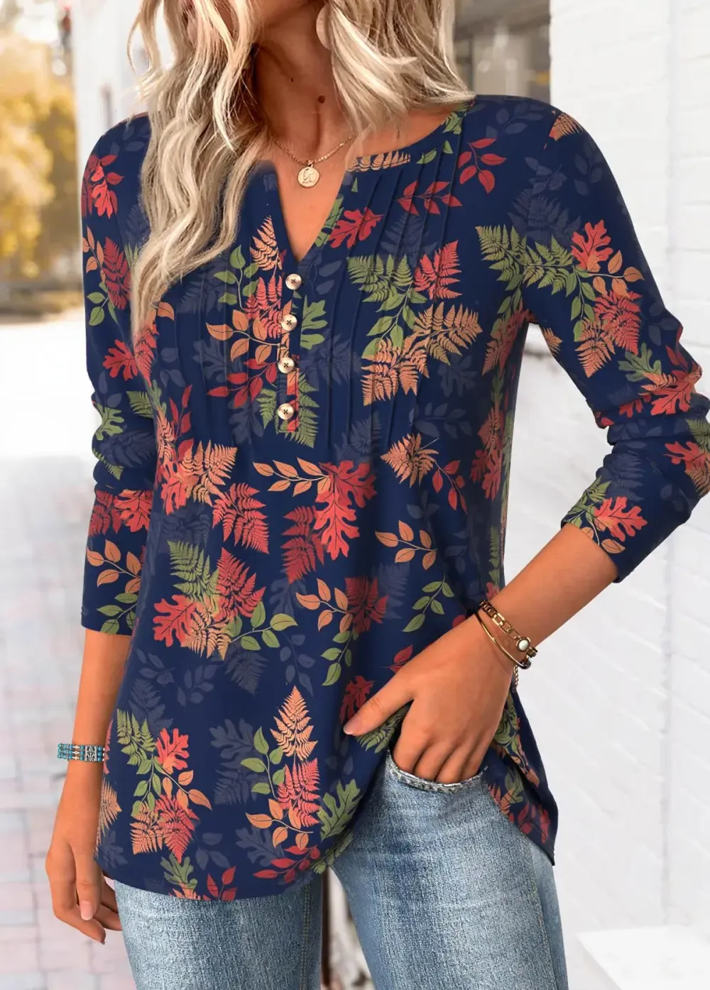 Navy Tummy Coverage Leaf Print T Shirt