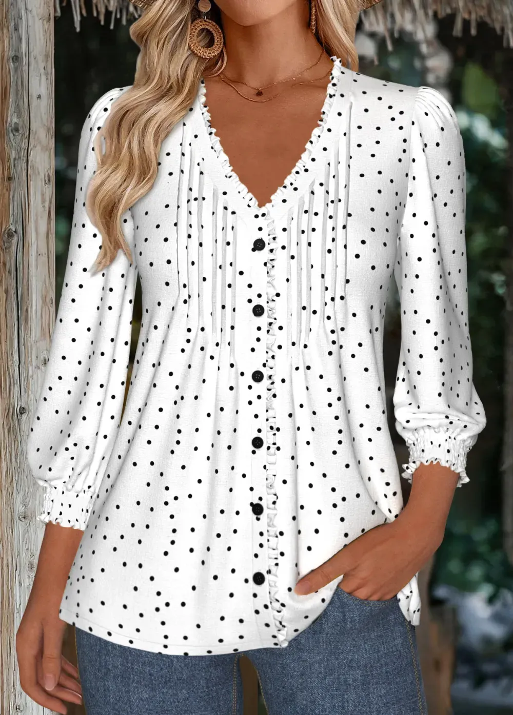 White Polka Dot 3/4 Sleeve V Neck Blouse