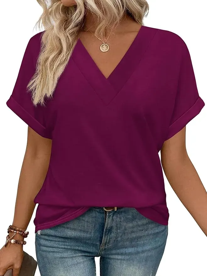 ✨Womens Summer V Neck Short Sleeve Solid Color Basic T Shirt