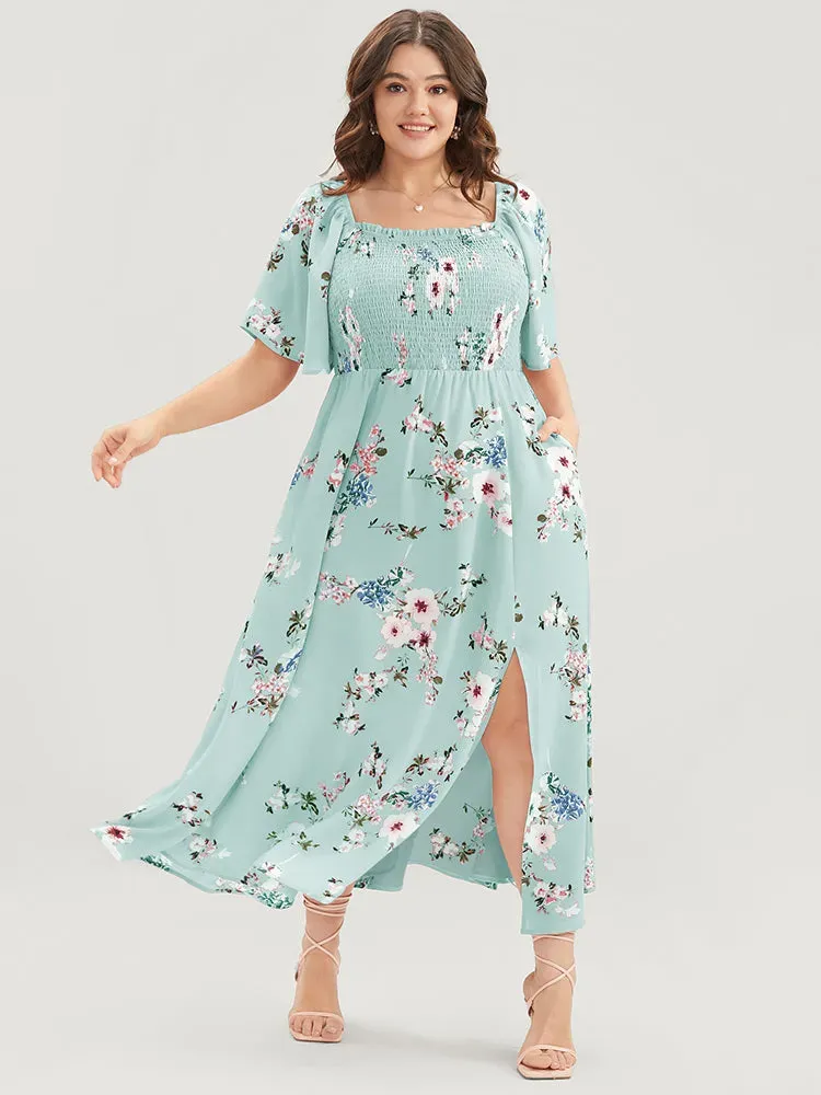 Floral Square Neck Ruffles Pocket Shirred Split Dress