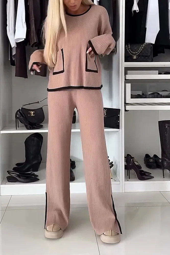 Women's two-piece contrasting casual top and pants set