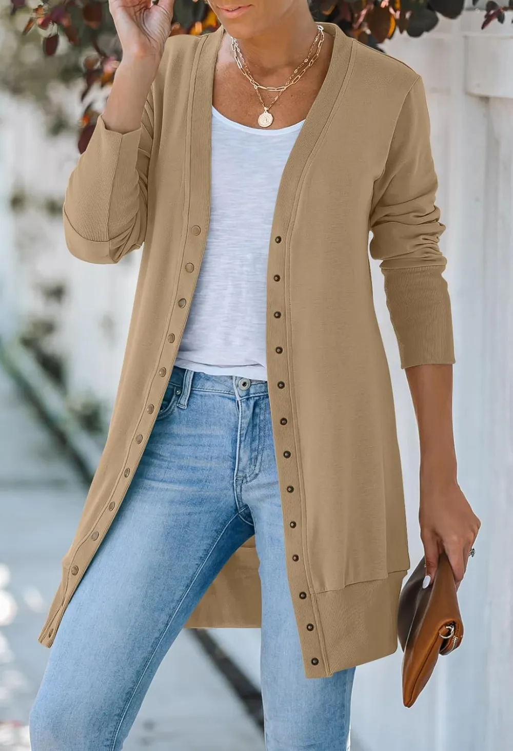 Women's 2024 Fall Long Sleeve Snap Button Down Solid Color Knit Ribbed Neckline Cardigans