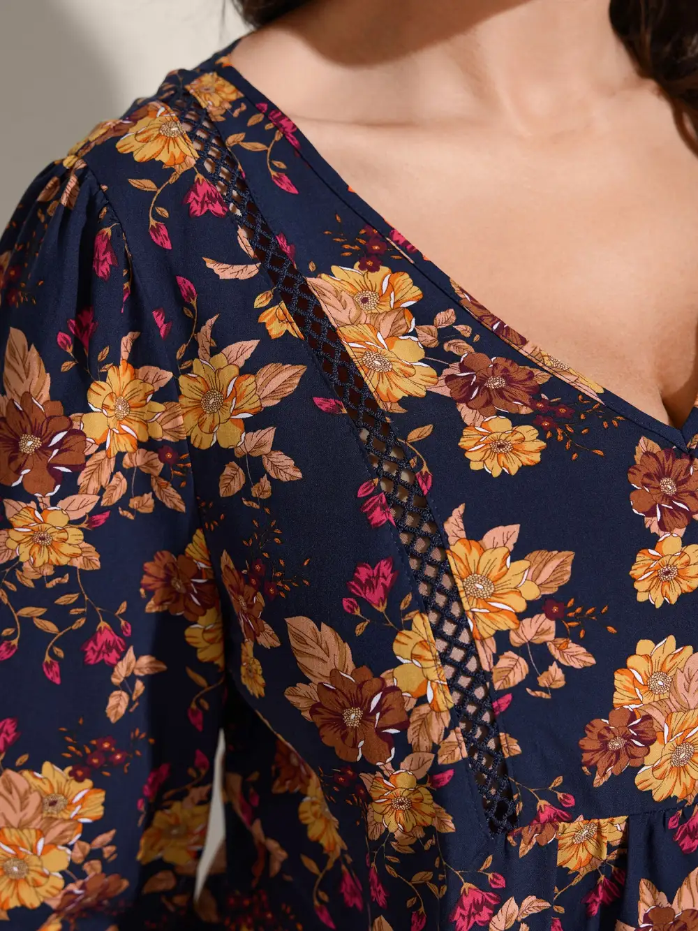 Fall Florals Lace Trim Flowy Blouse