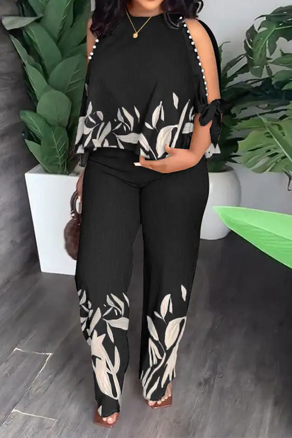 Leaf Print Elegant Beaded Decor Pant Suit
