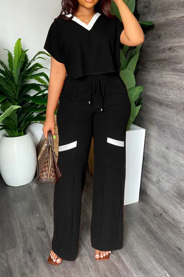 Patchwork Casual Lace-Up Pant Set