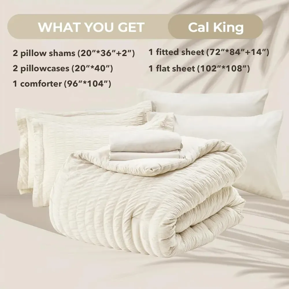 Queen Comforter Set Seersucker 7 Pieces, All Season Luxury Bed in a Bag for Bedroom, Bedding Set with Comforters, Sheets, Pillowcases & Shams, Dark Grey