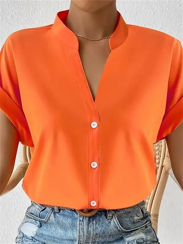 Women's Shirt Blouse Orange red Black White Plain Button Short Sleeve Work Fashion Business Elegant Standing Collar Regular Fit