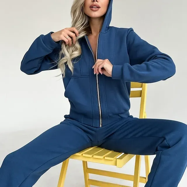 Women's Tracksuit Sweatsuit Pocket 2 Piece Solid Colored Hoodie and Pants Outfit Set Clothing Suit Fall Black White Jogging Training Exercise Thermal Warm Soft Moisture Wicking Long Sleeve Sport