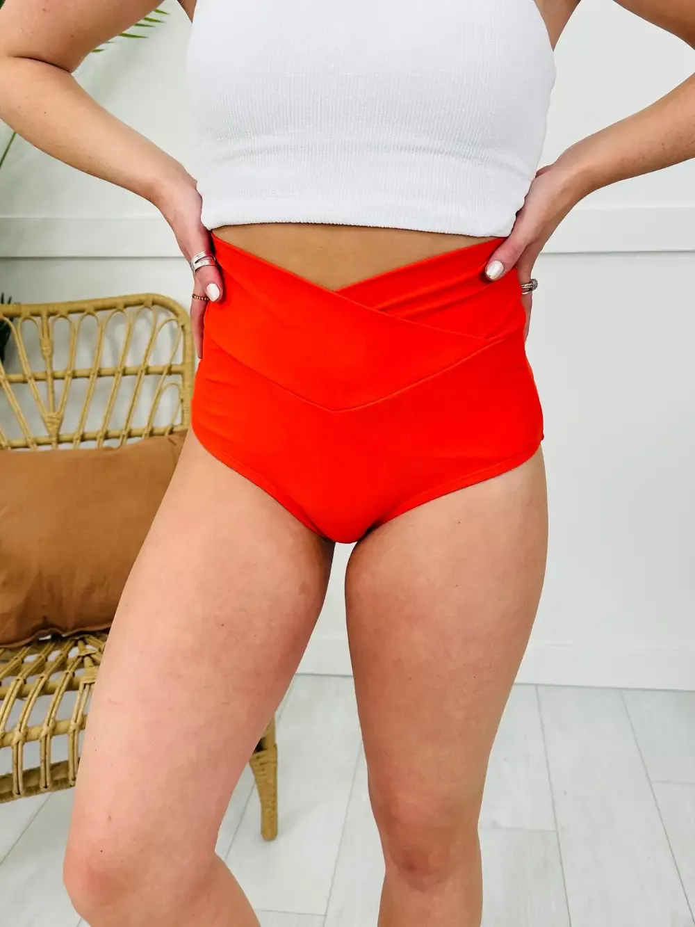 High Rise V-Cut Swim Bottoms in Red