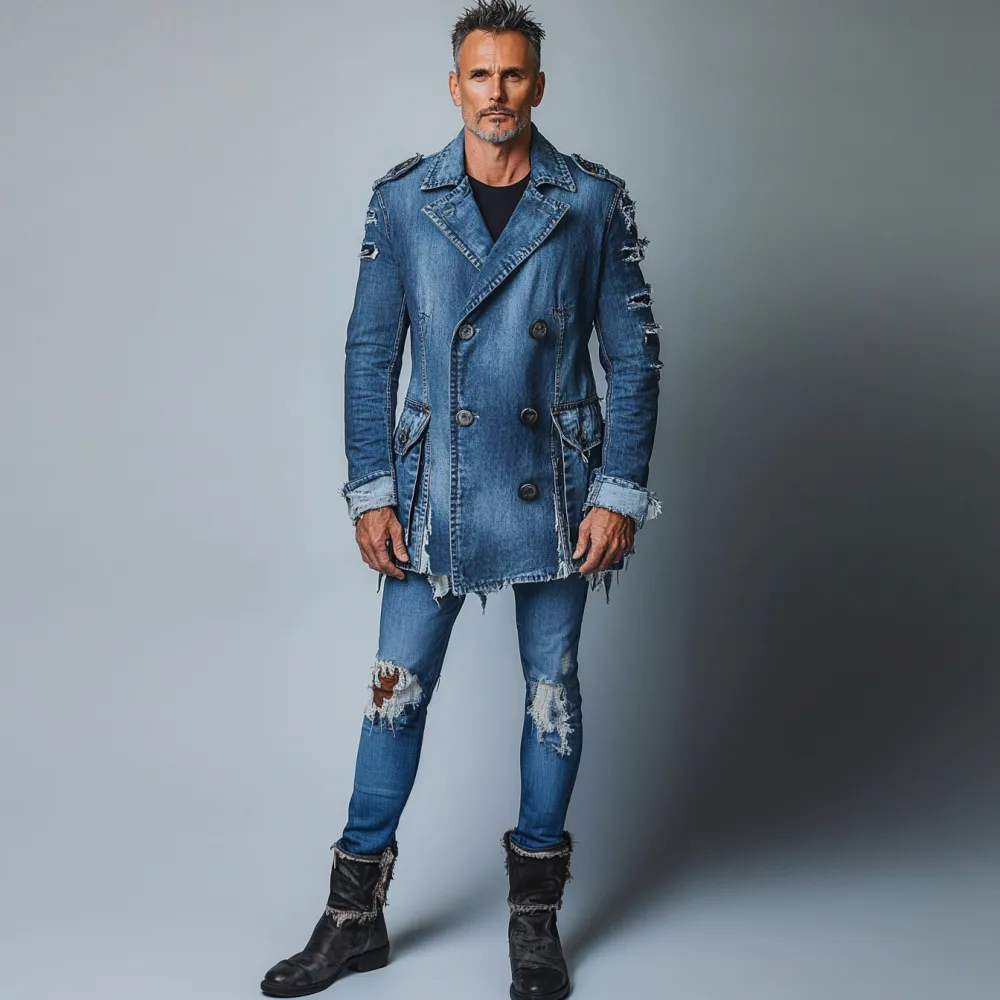 Men's Lapel Collar Double Breasted Ripped Mid-Length Denim Coat