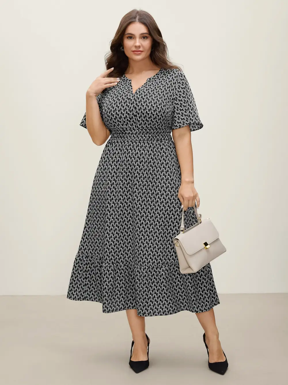 Geometric Print Waist-Cinched Tiered Midi Dress
