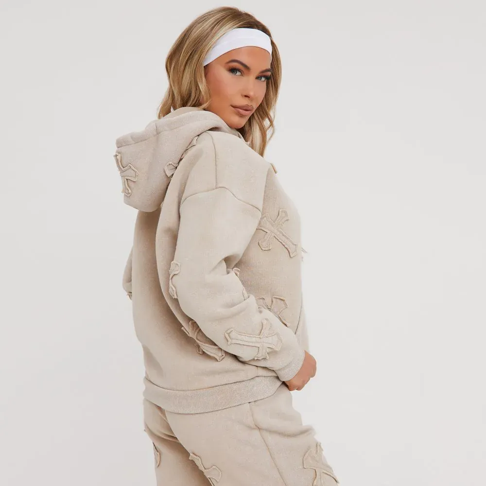 Cross Patch Detail Oversized Hoodie In Acid Wash Stone
