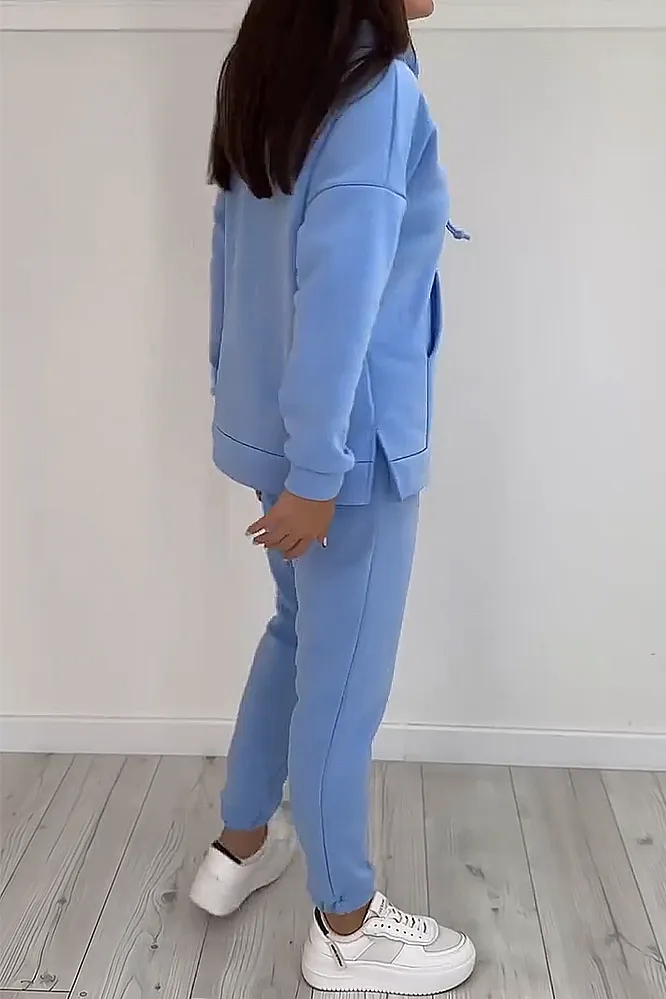 Women's solid color fleece hoodie and pants two-piece set