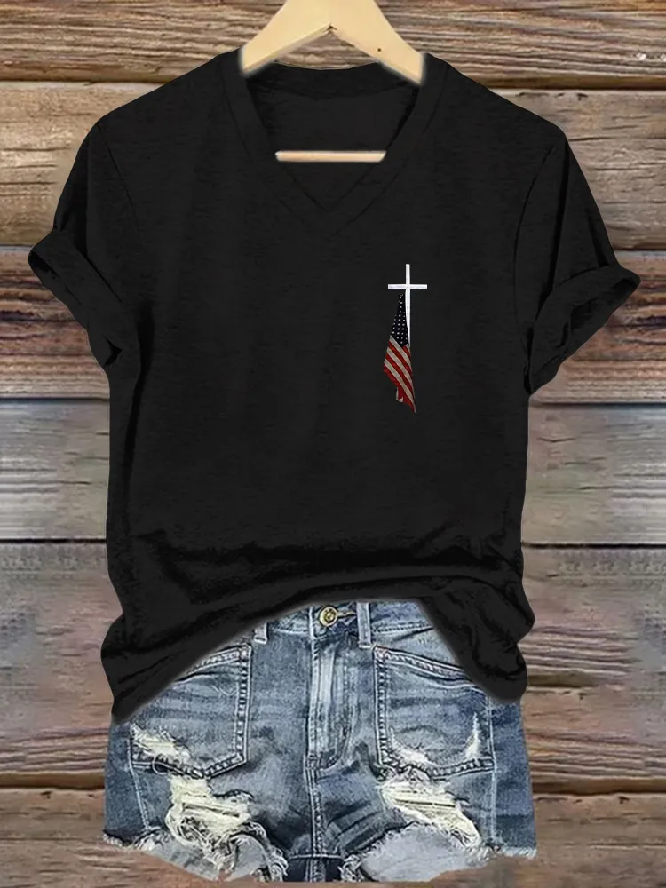 Women's  Faith And Flag Print Short Sleeve Round Neck Cotton T-Shirt