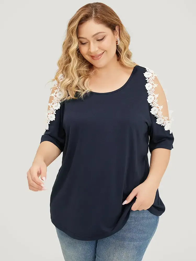 Solid Guipure Lace Cold Shoulder T-shirt