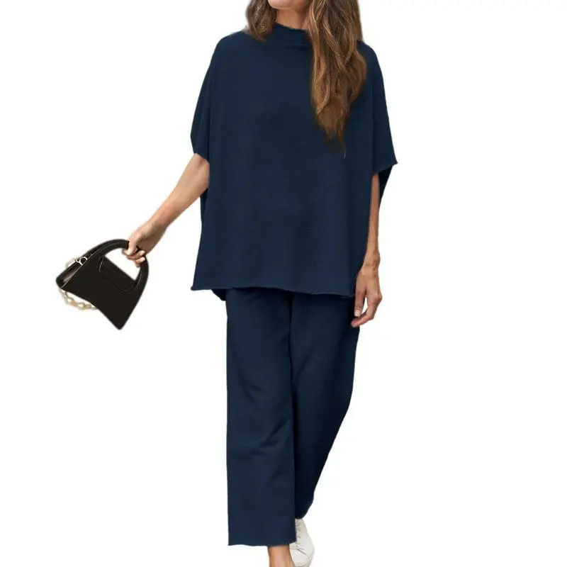 Women’s 2-Piece Lounge Set, Batwing Sleeve Pullover Top & Wide Leg Pants, Travel Outfit