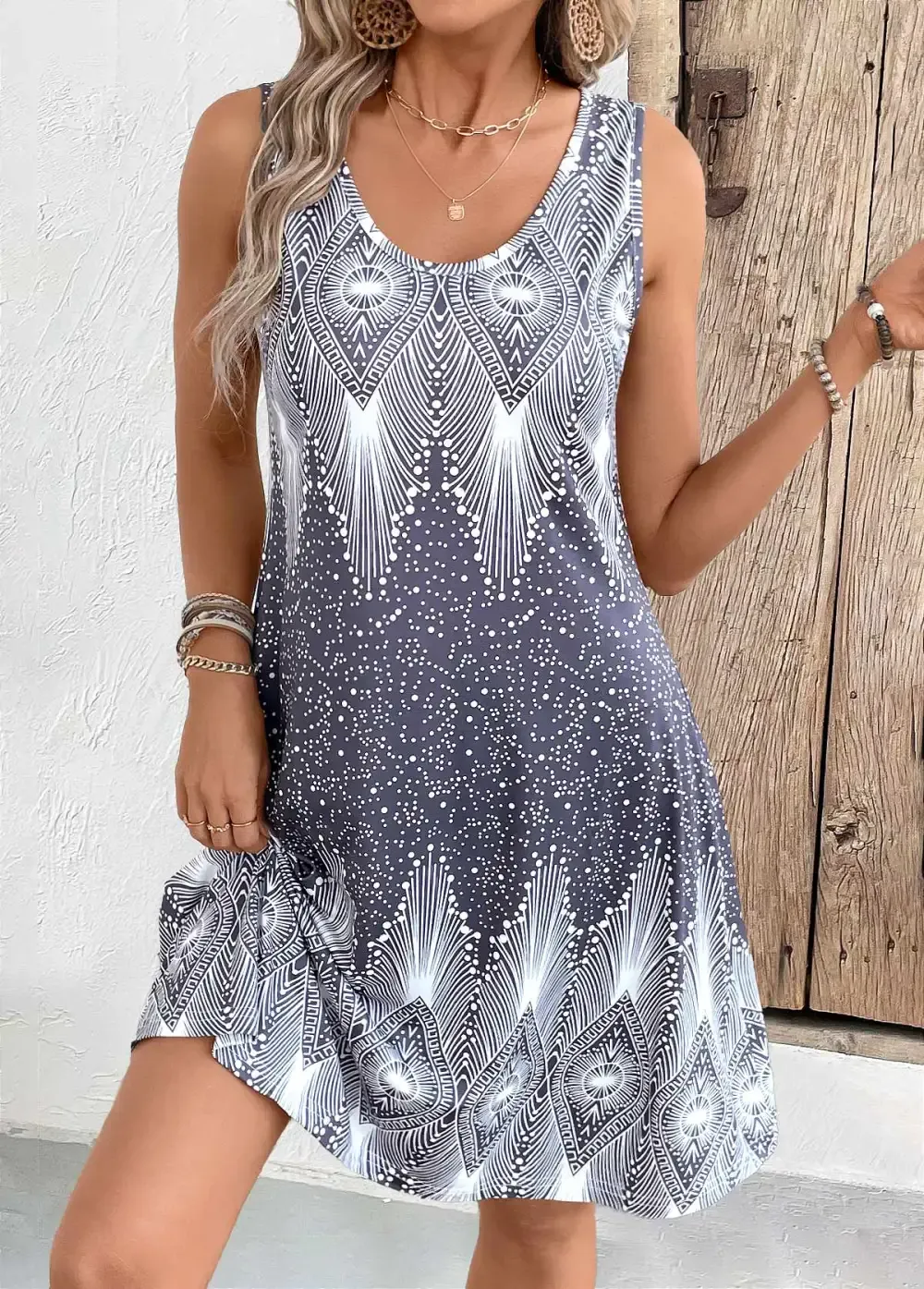 Grey Tribal Print A Line Sleeveless Scoop Neck Dress