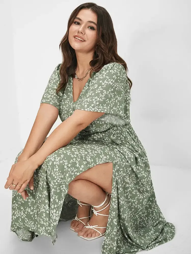 Bloom Dress - Flutter Sleeve Ditsy Floral Pocket Split Maxi Dress