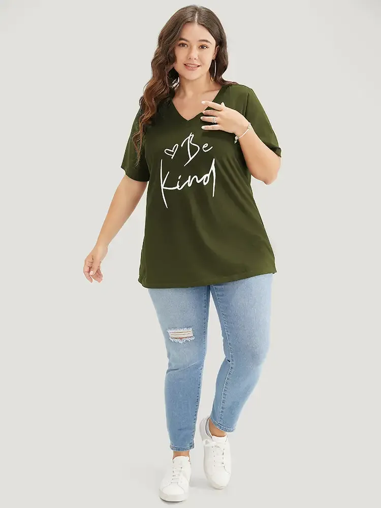 Letter & Heart Print V Neck T-shirt