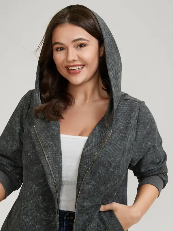 Waffle Texture Solid Zipper Hoodie