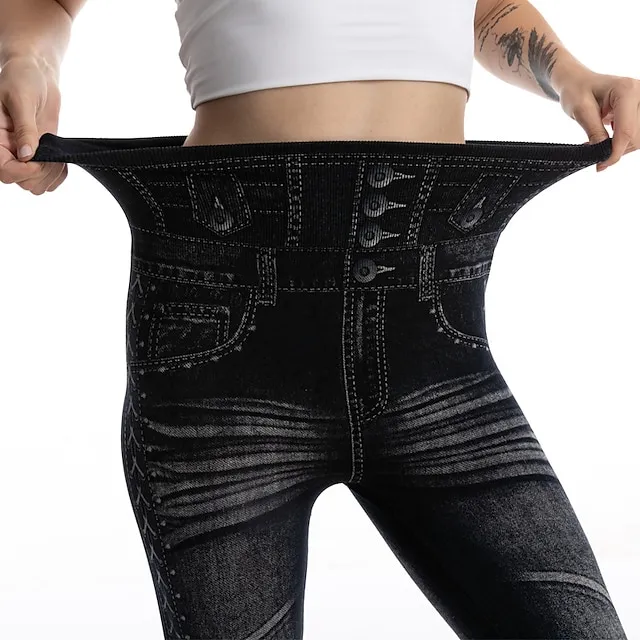 Women's Tights Pants Trousers Full Length Faux Denim Stretchy High Waist Fashion Casual Weekend Black Blue S M