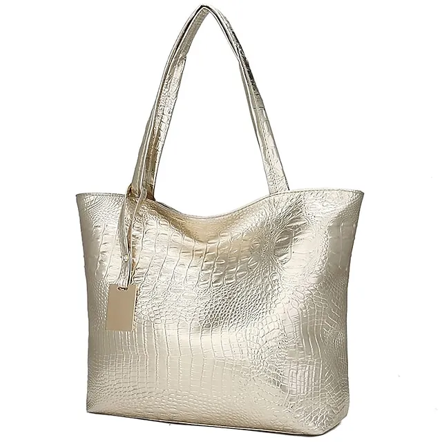Women's Shoulder Bag Tote PU Leather Daily Embossed Solid Color Crocodile Silver Black Gold