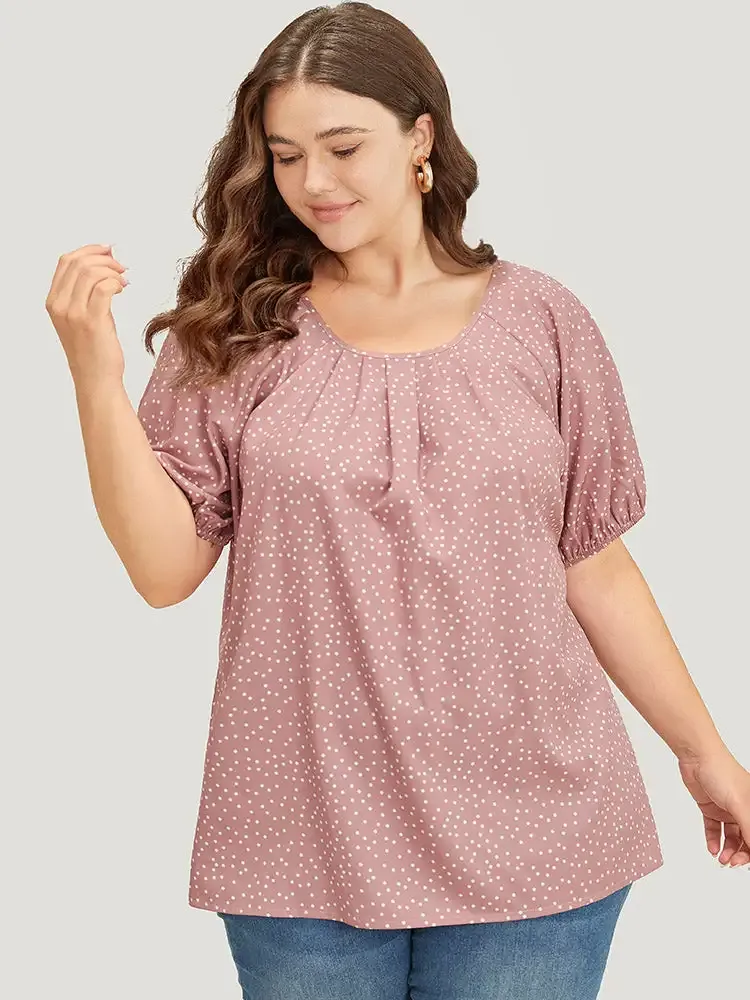 Polka Dot Pleated Round Neck Puff Sleeve Blouse