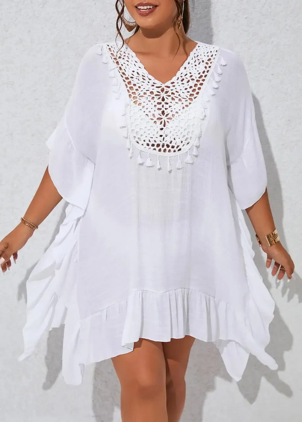 Plus Size Tassel Patchwork White Cover Up