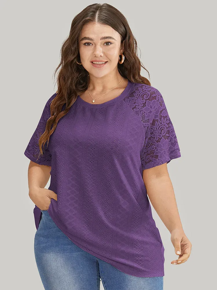 Solid Broderie Anglaise Lace Raglan Sleeve T-shirt