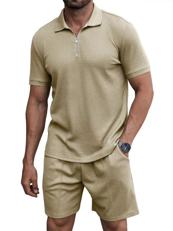 Men's Casual Waffle Zipper Short Sleeve Polo Suit
