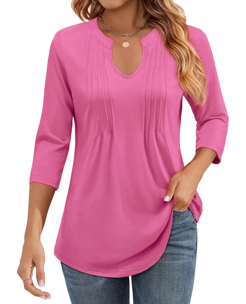 ✨Womens Casual 3/4 Sleeve Pleated Tunic Blouse