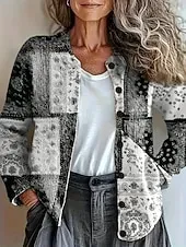 Women's Cardigan Daily Floral Graphic Paisley Ribbed Crew Neck Floral Buttons Print Long Sleeve Regular Tops Knit Outdoor Weekend Gray Fall Winter