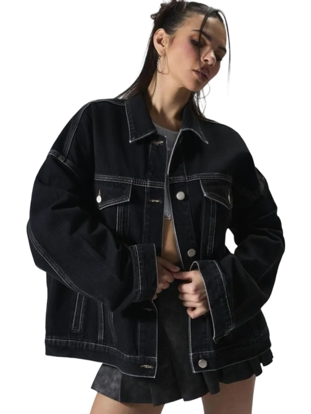 Women's Plain Button Front Drop Shoulder Denim Coat, Casual Fitted Long Sleeve Collared Pocket Outerwear for Daily Wear