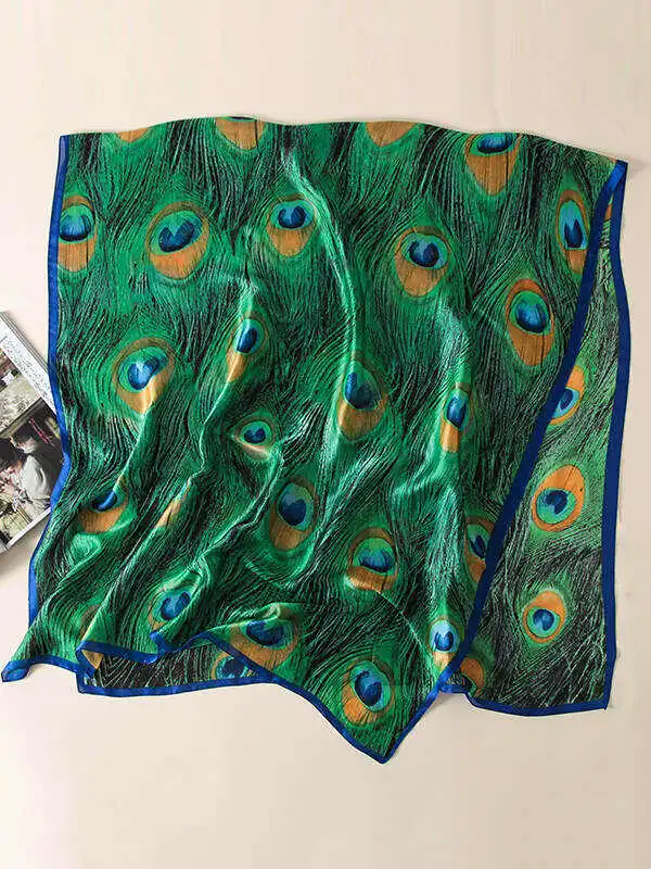 Vintage Peacock Printed Silk Imitation Shawl&Scarf