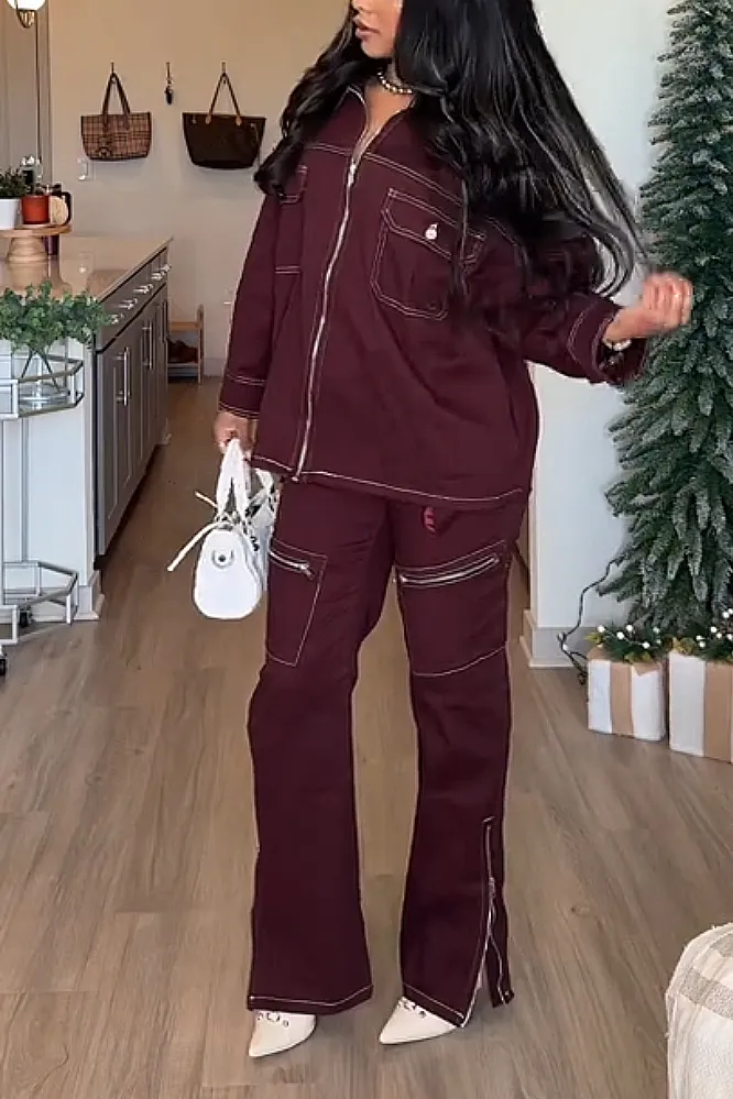 Women's Solid Color Zipper Splicing Top & Pockets Pants Two Piece Set